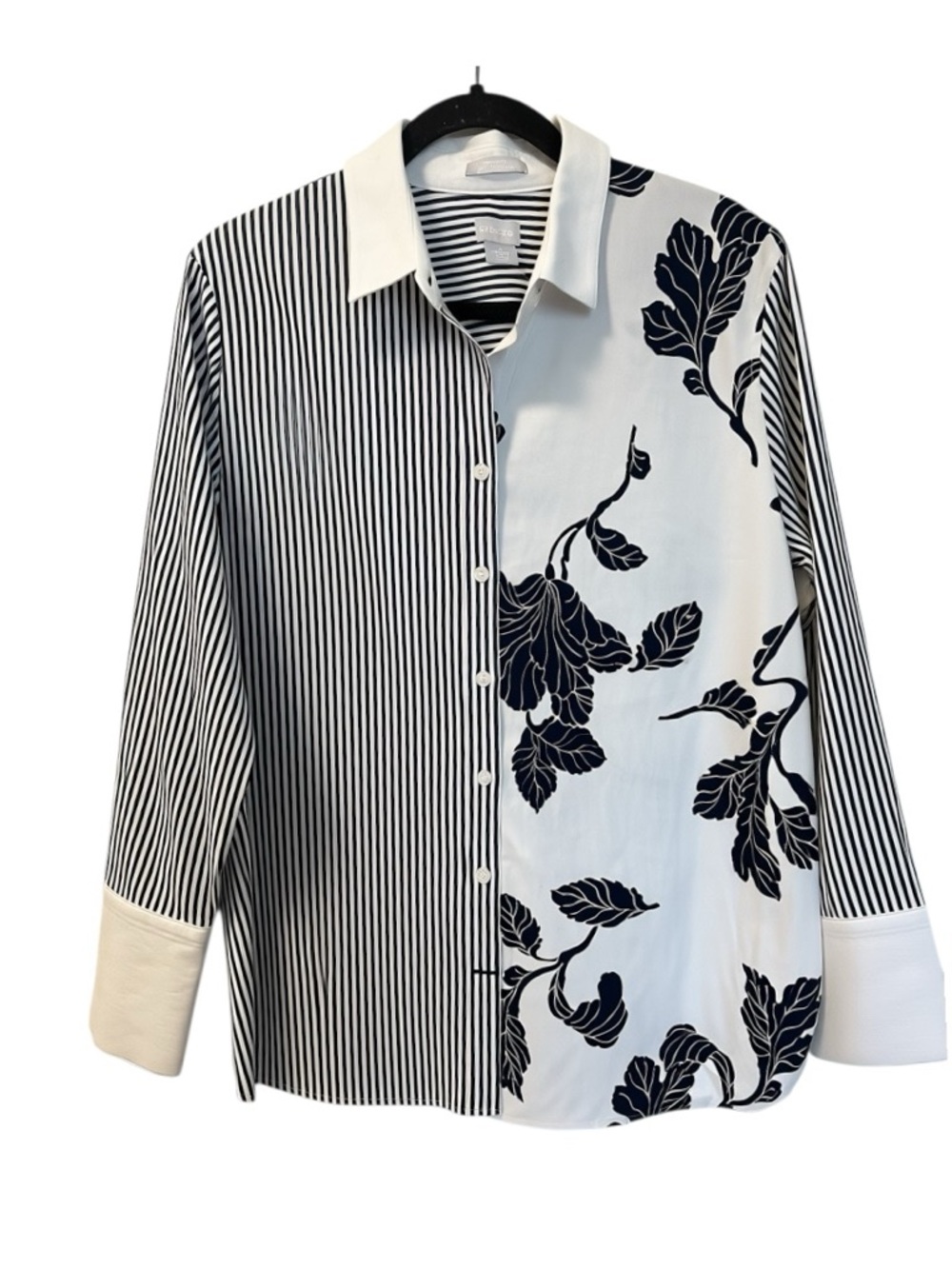 Chicos No Iron Chic Stretch 3/4 Sleeve Shirt Stripe Floral Navy/White SZ3(US 16)